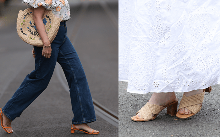 woman wearing jeans, a straw bag, and orange sandals walking on the street; close-up of woman's feet wearing raffia sandals