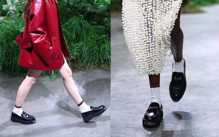 models wear white crew socks with red and blue striping at the Gucci Cruise runway
