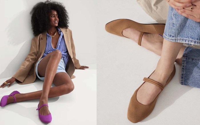 woman sitting on the floor wearing purple mary jane shoes; woman sitting on the floor wearing brown mary jane shoes