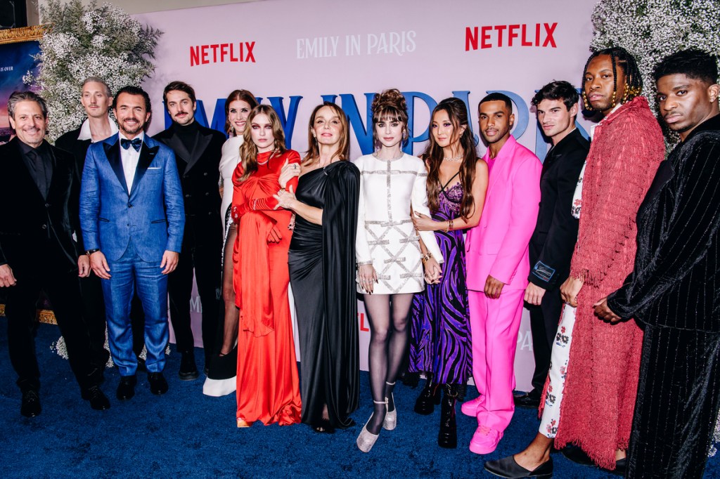Darren Star, Bruno Gouery, William Abadie, Lucas Bravo, Kate Walsh, Camille Razat, Philippine Leroy-Beaulieu, Lily Collins, Ashley Park, Lucien Laviscount, Paul Forman, Jeremy O. Harris and Samuel Arnold at the special screening of season 3 of "Emily In Paris" held at The French Consulate General on December 15, 2022 in New York City.