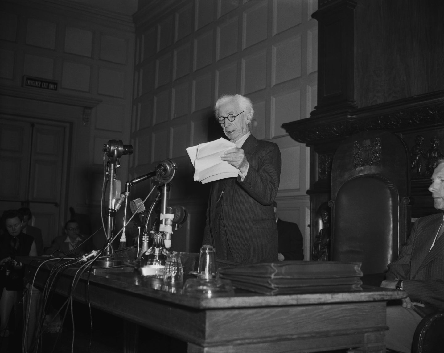 British mathematician and philosopher Bertrand Russell reads a statement signed by himself and eight other eminent scientists and calling for the renunciation of war because the hydrogen bomb threatens &#8220;the continued existence of mankind.&#8221; Among the signers was the late Albert Einstein. Seven Nobel Prize winners were among the signers, whose statement was in the form of an appeal to heads of countries that have acquired or will eventually acquire nuclear armaments.