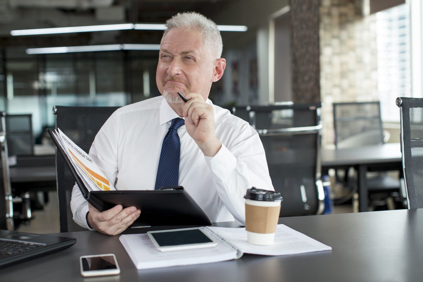 Content business leader thinking over investment plan and profit. Mature man in tie with satisfied and pensive face holding open folder with documents. Business plan and success concept