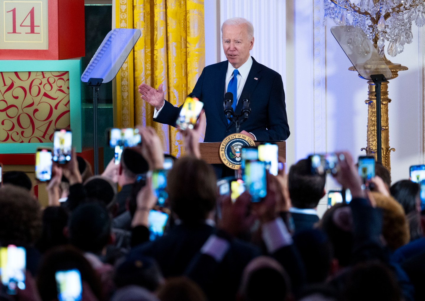 President Joe Biden speaks during a Hanukkah reception in the East Room of the White House in Washington, on Dec. 11, 2023.