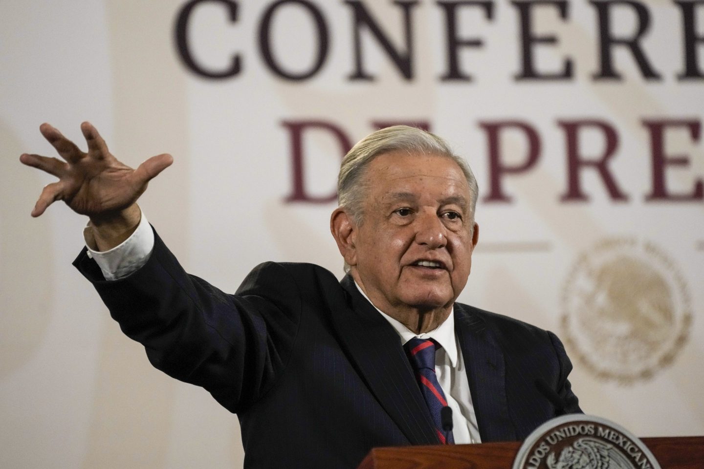 Mexican President Andres Manuel Lopez Obrador gives his regularly scheduled morning press conference at the National Palace in Mexico City, April 16, 2024.