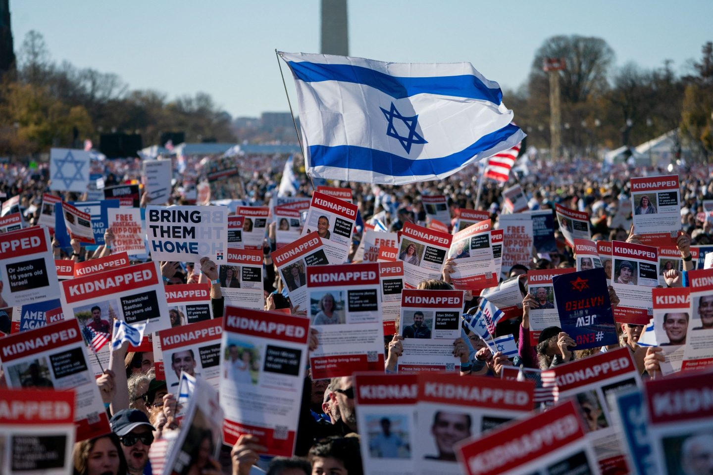 TOPSHOT &#8211; Demonstrators in support of Israel gather to denounce antisemitism and call for the release of Israeli hostages, on the National Mall in Washington, DC, on November 14, 2023. Thousands of civilians, both Palestinians and Israelis, have died since October 7, 2023, after Palestinian Hamas militants based in the Gaza Strip entered southern Israel in an unprecedented attack triggering a war declared by Israel on Hamas with retaliatory bombings on Gaza. (Photo by Stefani Reynolds / AFP) (Photo by STEFANI REYNOLDS/AFP via Getty Images)