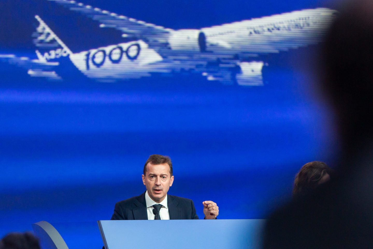 Guillaume Faury, chief executive officer of Airbus SE, during a full year earnings news conference in Toulouse, France, on Thursday, Feb. 15, 2024. Airbus said it plans to hand over about 800 aircraft this year, pushing output of its bestselling A320 family of single-aisle jets at a time when arch-rival Boeing Co. is stuck in crisis mode after a near-disastrous accident early last month. Photographer: Matthieu Rondel/Bloomberg via Getty Images