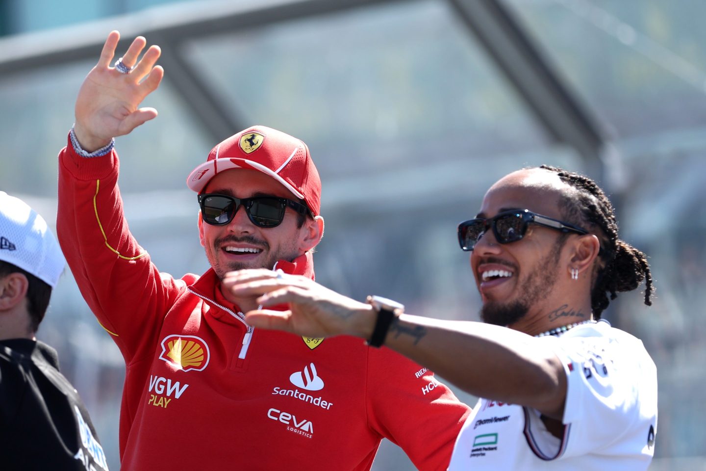 Charles Leclerc of Monaco and Ferrari and racing superstar, Lewis Hamilton