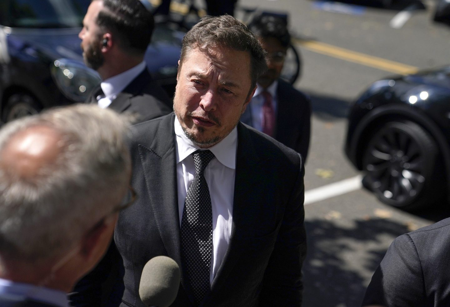 WASHINGTON, DC &#8211; SEPTEMBER 13: Elon Musk, CEO of Tesla and X, speaks to reporters as he leaves the “AI Insight Forum” at the Russell Senate Office Building on Capitol Hill on September 13, 2023 in Washington, DC. Lawmakers are seeking input from business leaders in the artificial intelligence sector, and some of their most ardent opponents, for writing legislation governing the rapidly evolving technology. (Photo by Nathan Howard/Getty Images)