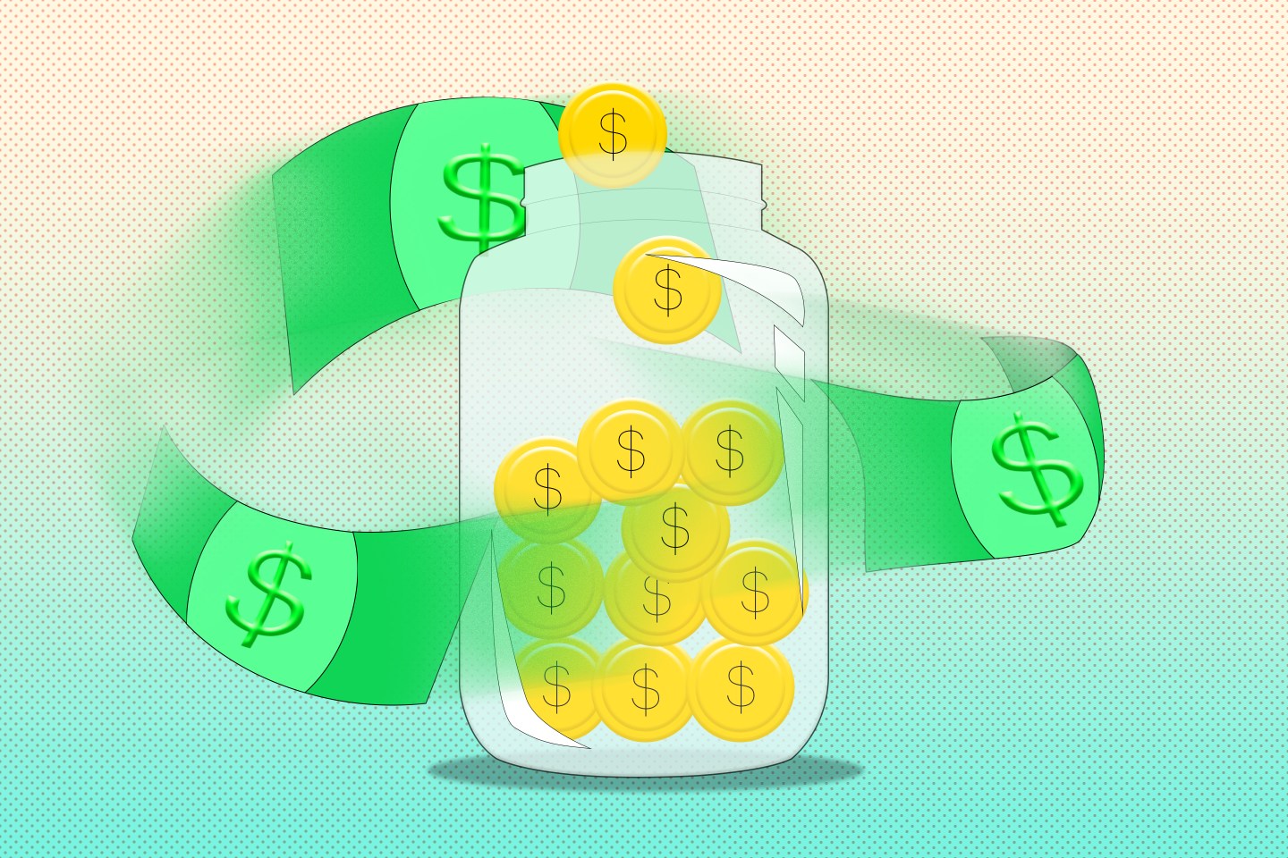 Vector illustration of a glass jar full of gold coins and three dollar bills flying in a circle surrounding the jar.