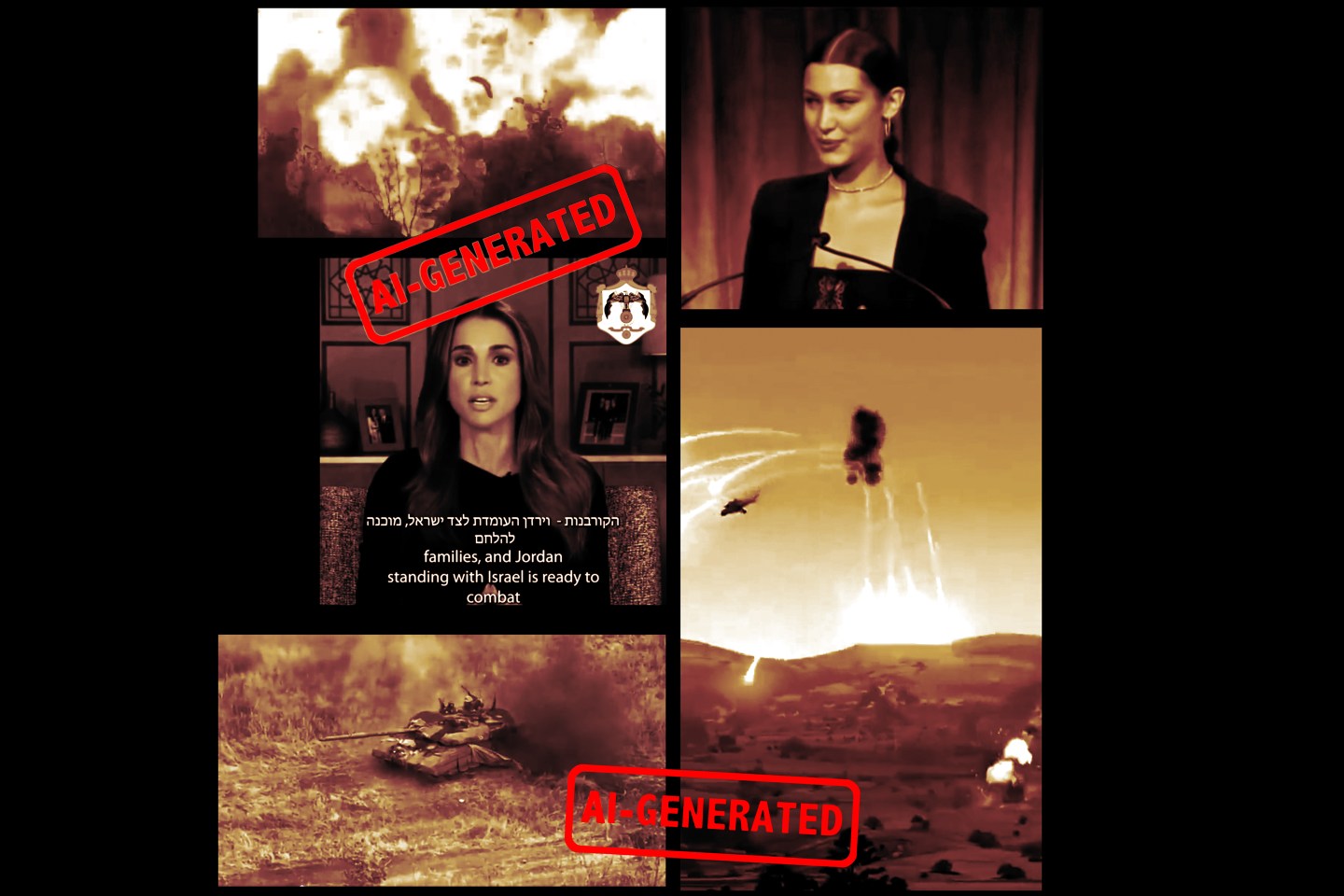 Deepfakes have played a starring role in the Gaza war, including manipulated videos featuring Jordan’s Queen Rania (middle left), and fashion model Bella Hadid (top right), along with repurposed battle footage from the Ukraine war (bottom left) and the video game Arma 3 (bottom right). 
Screenshots Clockwise from Top left: @GloOouD/X, VERIFY/YouTube, @AG_Journalist/X, @GloOouD/X, The Quint/YouTube