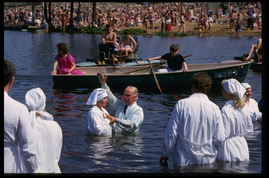 Baptism ceremony, w. some 100 believers being dunked, as religious revivalist spirit takes root, in Poklony Hills, Leningrad, USSR.  (Photo by Igor Gavrilov/The LIFE Images Collection/Getty Images)