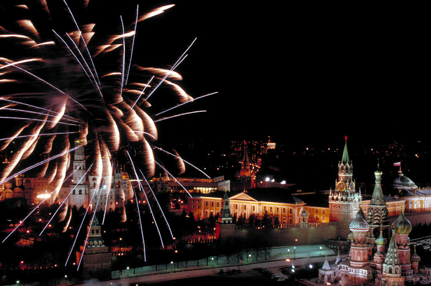 Fireworks bursting over New Year's Eve night-lit Red Square w. Russian flag flying over Kremlin as USSR gives way to new Russian-led commonwealth.  (Photo by Sergei Guneyev/The LIFE Images Collection/Getty Images)