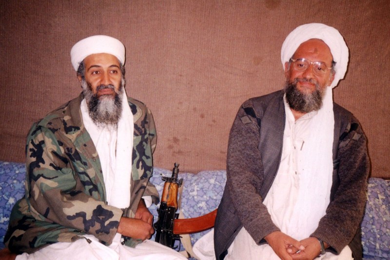 Osama bin Laden with Ayman al-Zawahiri during a November 2001 interview at an undisclosed location in Afghanistan.