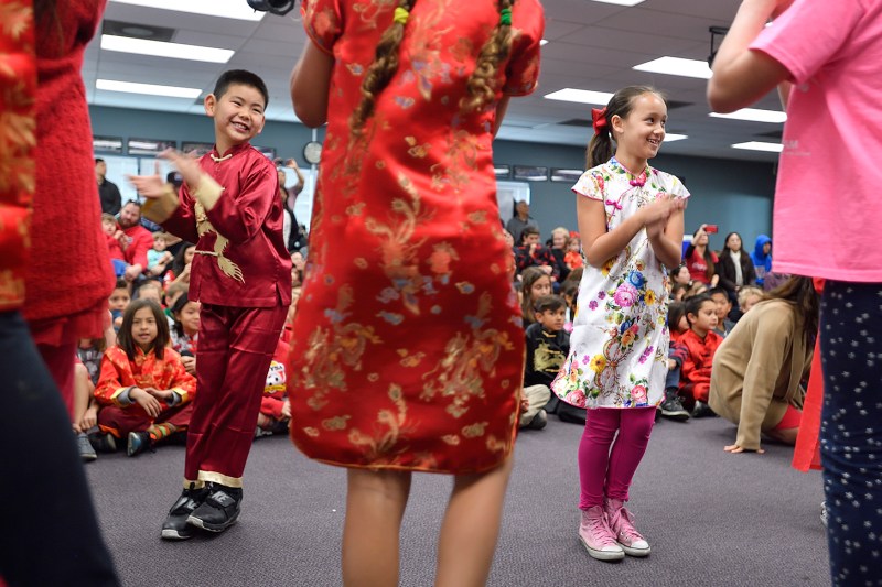 Children perform during a Chinese New Year celebration in a Mandarin immersion program at Marian Bergeson Elementary School in Laguna Niguel, California.