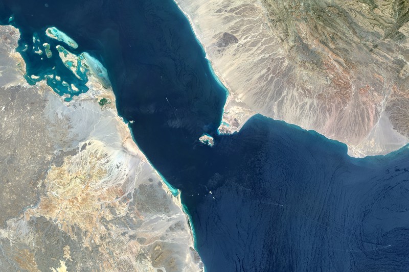 An aerial view shows the Bab el-Mandeb Strait, a sea route connecting the Indian Ocean and the Mediterranean Sea via the Suez Canal.