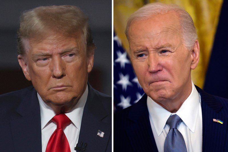 A vertically split image shows former U.S. President Donald Trump on the left and current U.S. President Joe Biden on the right. Both men are shown from the chest upward, wearing dark suits.