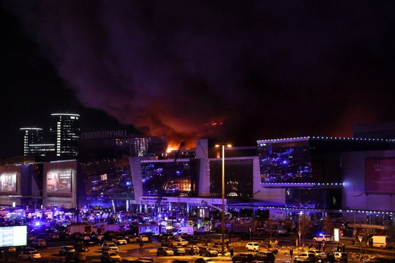 A view shows the burning Crocus City Hall concert hall following the shooting incident in Krasnogorsk, outside Moscow, on March 22.