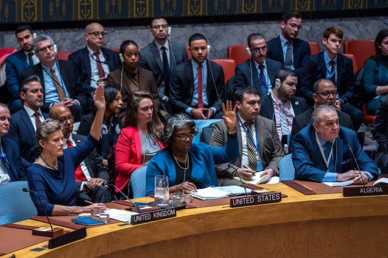 U.N. Security Council members vote on a U.S.-led resolution for a cease-fire in the Israel-Hamas war at the United Nations headquarters.