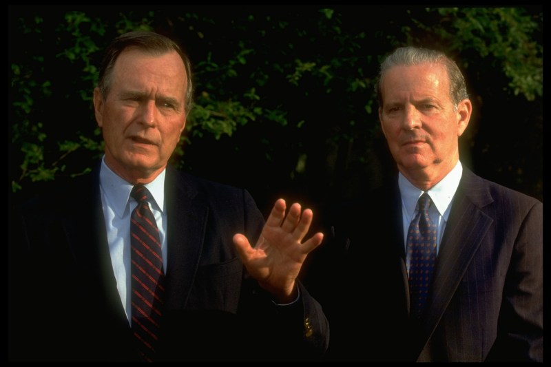 President George H.W. Bush and Secretary of State James A. Baker III at a news conference in 1991.