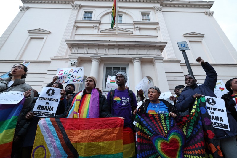 People gather outside the Ghana High Commission on March 6 in London, to protest against Ghana's anti-LGBTQ+ bill, now delayed until the Supreme Court rules on a legal challenge.