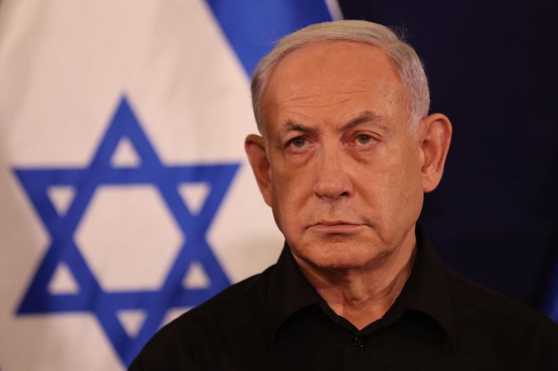 Israeli Prime Minister Benjamin Netanyahu speaks during a press conference in the Kirya military base in Tel Aviv on October 28, 2023.