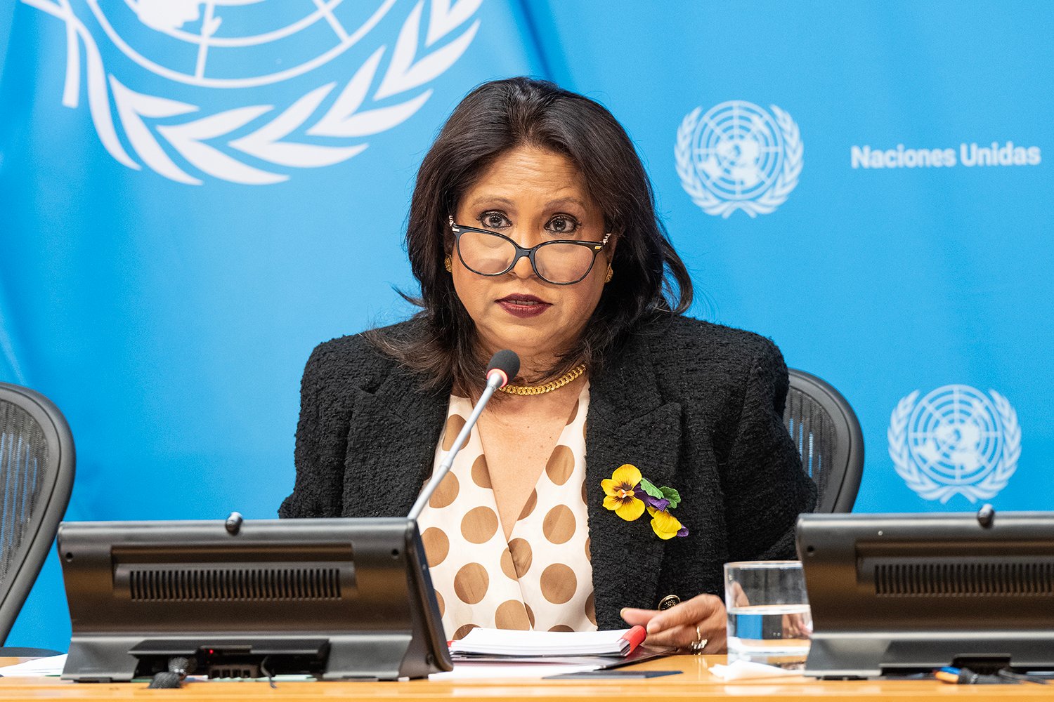 A woman wearing glasses, a dark blazer, dotted blouse, with a flower on her lapel speaks into a small microphone from a dais in front of a Naciones Unidas U.N. sign. behind her on the wall.