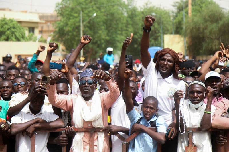 Nigeriens gather to protest against the U.S. military presence, in Niamey, Niger, on April 13.