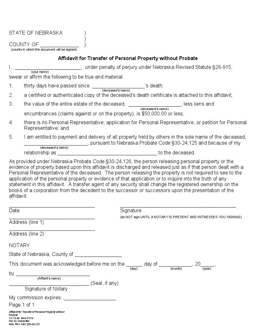 Nebraska small estate affidavit official form