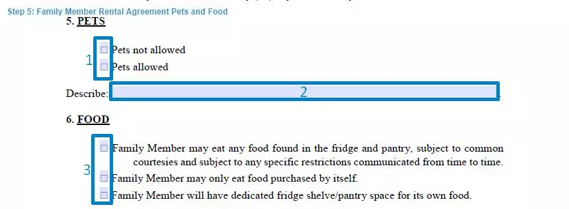 Step 5 to filling out a family member rental agreement example pets and food