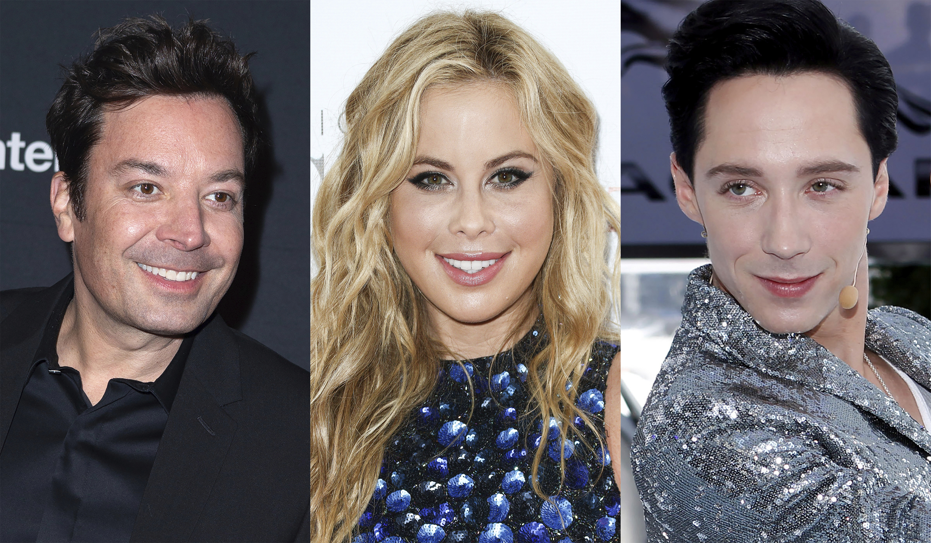 This combination of photos shows Jimmy Fallon in Washington on March 24, 2024, left, Olympic figure skater Tara Lipinski in Los Angeles on Aug. 1, 2015, center, and Olympic figure skater Johnny Weir in New York on Aug. 16, 2012. Fallon, Lipinski and Weir will join sportscaster Mike Tirico for NBC’s closing ceremony coverage. (AP Photo)