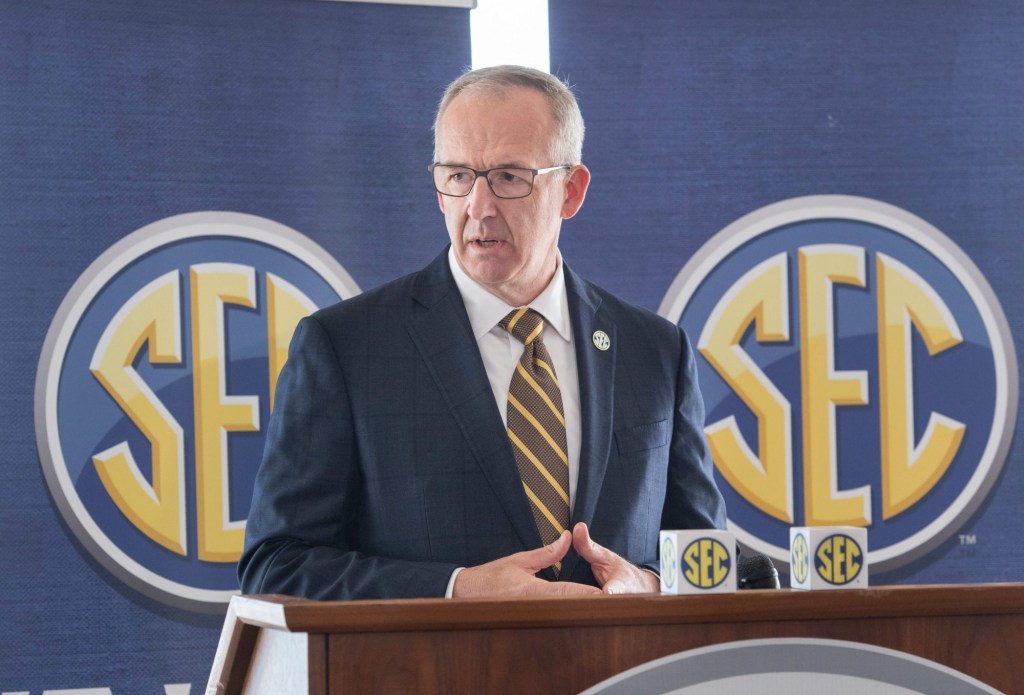 Southeastern Conference Commissioner Greg Sankey announces that Pensacola's Ashton Bronshanham Soccer Complex will be the new home of the SEC Women's Soccer Tournament during a press conference in Pensacola Beach on Wednesday, Feb. 23, 2022. Sec Presser