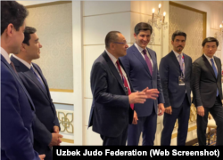 Umarov (third right) and Doniyor Kadirov (second right) at a judo event in Doha in May 2023. Kamilov (foreground left), who has multiple links with the Ultimo Group network, was also in attendance.