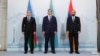 (Left to right) Foreign Ministers Jeyhun Bayramov, Murat Nurtleu, and Ararat Mirzoyan of Azerbaijan, Kazakhstan, and Armenia, respectively, on the first day of talks in Almaty on May 10.