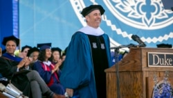 In this photo provided by Duke University, commencement speaker Jerry Seinfeld laughs on stage during the school's graduation ceremony, Sunday, May 12, 2024, in Durham, N.C. (Jared Lazarus/Duke University via AP)
