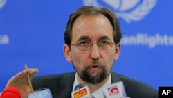 FILE - United Nations High Commissioner for Human Rights Zeid Ra’ad al-Hussein addresses the media in Colombo, Sri Lanka, Feb. 9, 2016.