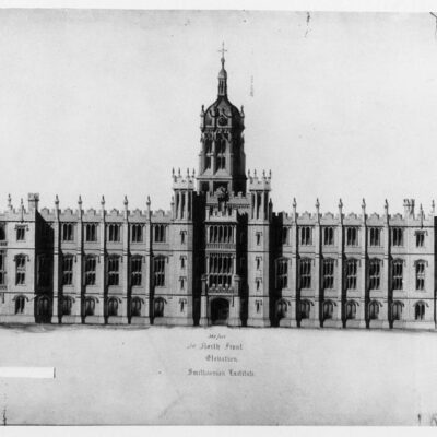 Proposed design for Smithsonian Institution Building by John Notman, north front elevation. It is a Gothic design with three stories, a central tower/cupola, crenellated embattlements, and symmetrical wings. The design was submitted for the competition sponsored by the Building Committee of the Board of Regents, December 23, 1846
