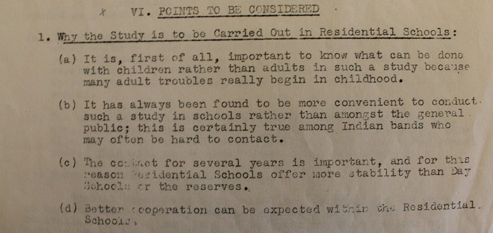 Part of a 1949 document explaining why researchers decided to experiment in residential schools.