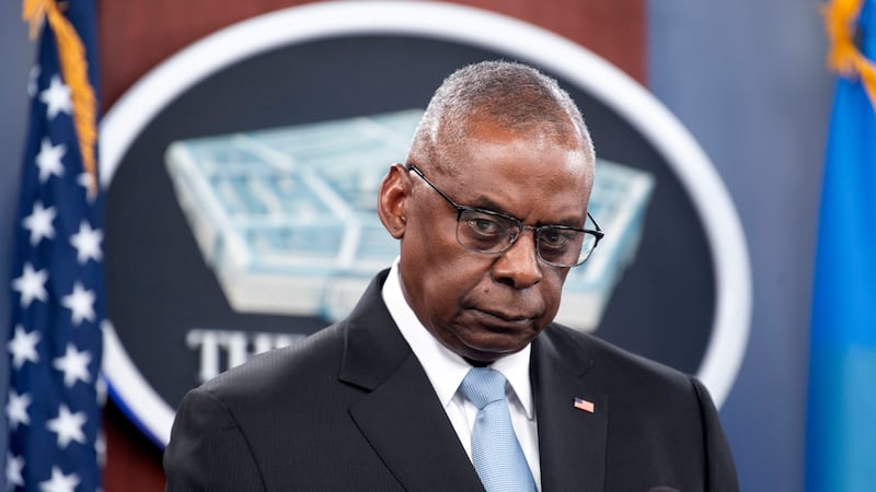 Defense Secretary Lloyd Austin speaks during a press briefing at the Pentagon on Monday, May...