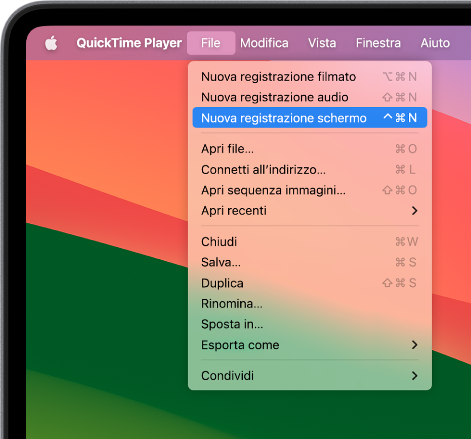 Nell'app QuickTime Player, il menu File è aperto ed è selezionato il comando “Nuova registrazione schermo” per iniziare la registrazione dello schermo.