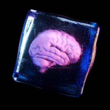 a frozen human brain inside a spinning ice cube 3d illustration