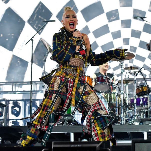 gwen stefani singing on a concert stage in front of her band no doubt