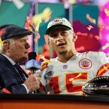 patrick mahomes looking out toward the field as he speaks for n interview with terry bradshaw