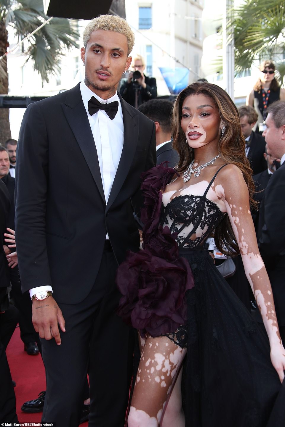 The NBA superstar, 28, cut a dapper figure alongside his long-term girlfriend, wearing a black tuxedo with a collared shirt and matching bowtie