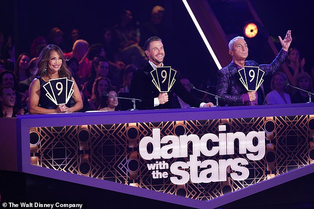 Bruno (L) pictured on Dancing With The Stars alongside fellow judges Derek Hough (C) and Carrie Ann Inaba (L)