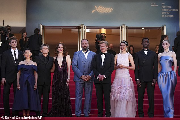 Kinds Of Kindness premiered at Cannes. Pictured L-R: Joe Alwyn, Hong Chau, Emma, director Yorgos Lanthimos, Jesse Plemons, Margaret Qualley, Mamoudou Athie, and Hunter Schafer