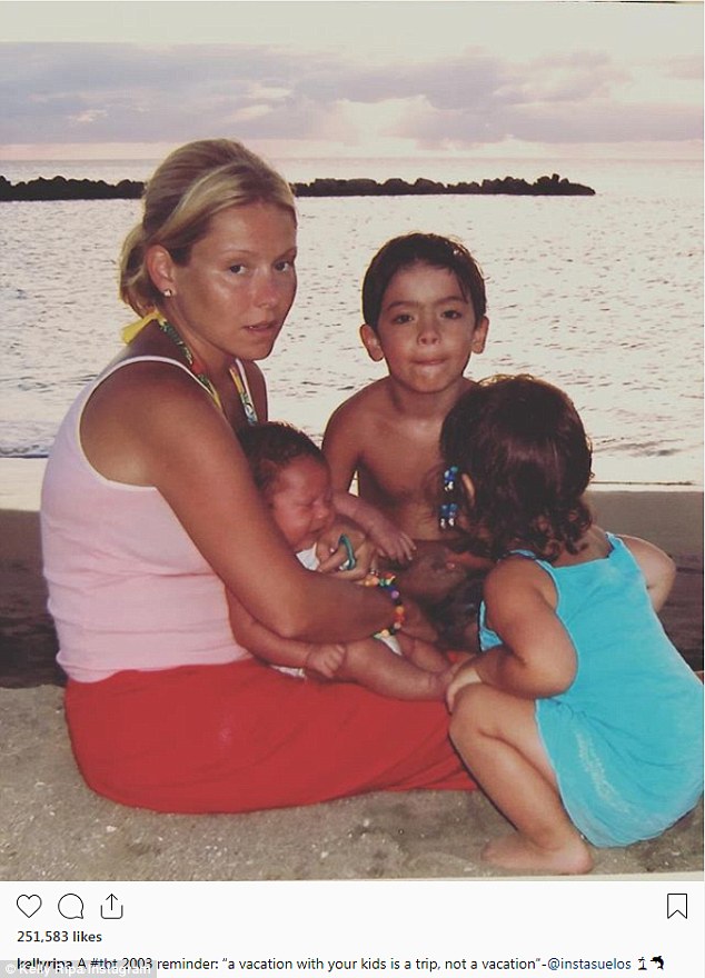 Funny: Kelly Ripa shared a hilarious throwback picture from 2003 while sporting a sullen expression on a family getaway with their kids: Michael, Lola and Joaquin