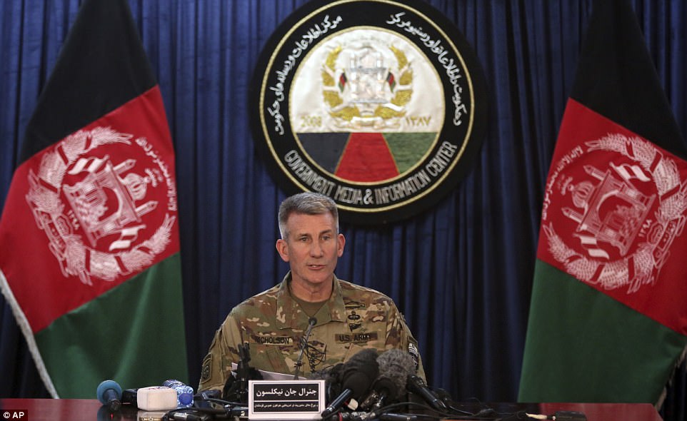 General John Nicholson speaks at a press conference following the deployment of the Mother of All Bombs in Afghanistan