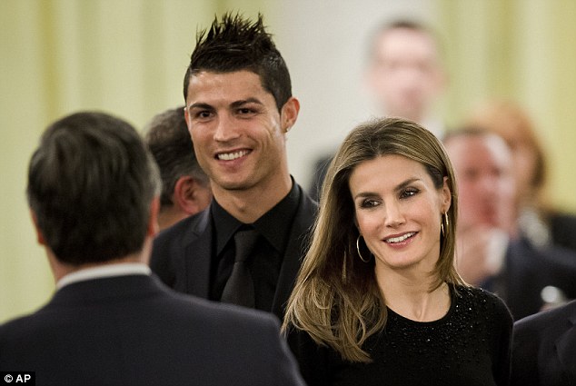Glamour game: Princess Letizia was at the Palace of El Pardo in Madrid as Ronaldo was honoured