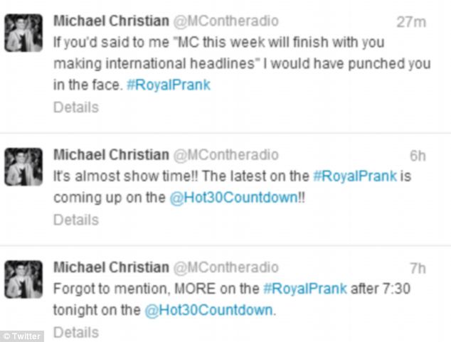 Still boasting: DJ Michael Christian's Twitter feed today
