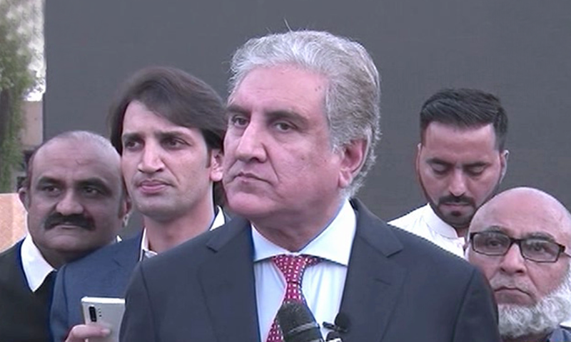 Foreign Minister Shah Mehmood Qureshi speaks to reporters in Islamabad on Friday. — DawnNewsTV